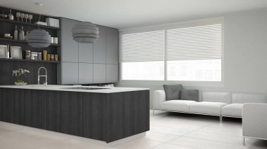 Ahşap ve gri ayrıntıları, en az ile minimalist beyaz mutfak