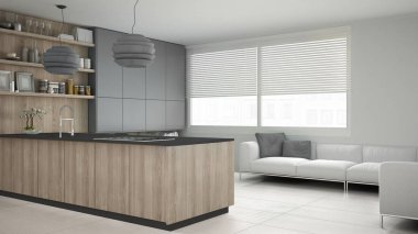 Ahşap ve gri ayrıntıları, en az ile minimalist gri mutfak 