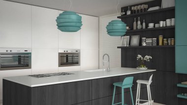 Minimalist beyaz mutfak ahşap ve turkuaz detayları, mi
