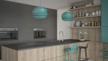 Ahşap ve turkuaz ayrıntıları ile minimalist gri mutfak min