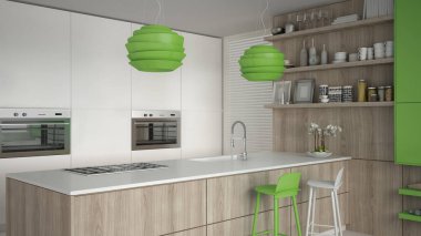 Ağaç ve yeşil Ayrıntılar, minimum ile minimalist beyaz mutfak