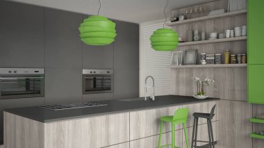 Ağaç ve yeşil Ayrıntılar, en az ile minimalist gri mutfak