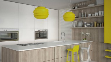 Ayrıntılarla, ahşap ve sarı beyaz minimalist mutfak ikilik