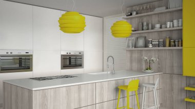 Ayrıntılarla, ahşap ve sarı beyaz minimalist mutfak ikilik