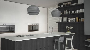 Ahşap ve gri ayrıntıları, en az ile minimalist beyaz mutfak