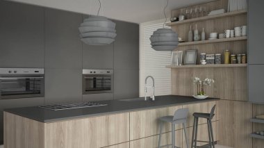 Ahşap ve gri ayrıntıları, en az ile minimalist gri mutfak 