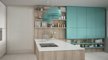 Minimalist beyaz mutfak ahşap ve turkuaz detayları, mi