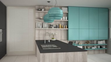 Ahşap ve turkuaz ayrıntıları ile minimalist gri mutfak min