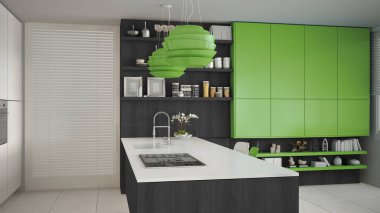 Ağaç ve yeşil Ayrıntılar, minimum ile minimalist beyaz mutfak