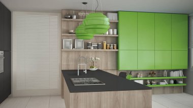 Ağaç ve yeşil Ayrıntılar, en az ile minimalist gri mutfak