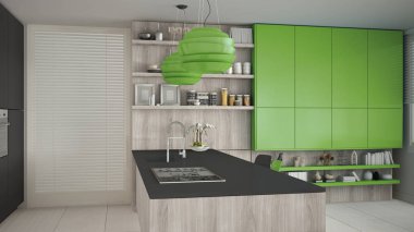 Ağaç ve yeşil Ayrıntılar, en az ile minimalist gri mutfak