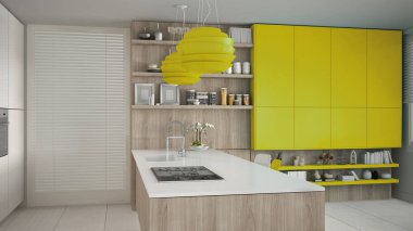 Ayrıntılarla, ahşap ve sarı beyaz minimalist mutfak ikilik