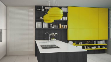 Ayrıntılarla, ahşap ve sarı beyaz minimalist mutfak ikilik