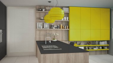 Ahşap ve sarı ayrıntılarla, minima minimalist gri mutfak