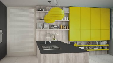 Ahşap ve sarı ayrıntılarla, minima minimalist gri mutfak