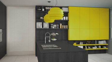 Ahşap ve sarı ayrıntılarla, minima minimalist gri mutfak