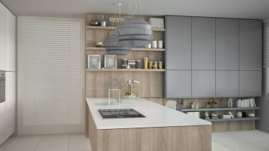 Ahşap ve gri ayrıntıları, en az ile minimalist beyaz mutfak