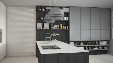 Ahşap ve gri ayrıntıları, en az ile minimalist beyaz mutfak