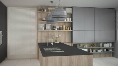 Ahşap ve gri ayrıntıları, en az ile minimalist gri mutfak 