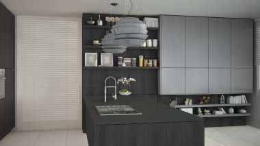 Ahşap ve gri ayrıntıları, en az ile minimalist gri mutfak 