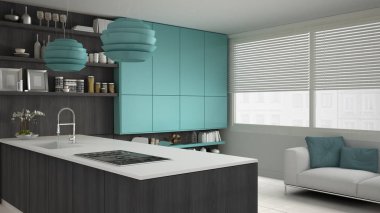 Minimalist beyaz mutfak ahşap ve turkuaz detayları, mi