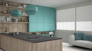 Ahşap ve turkuaz ayrıntıları ile minimalist gri mutfak min