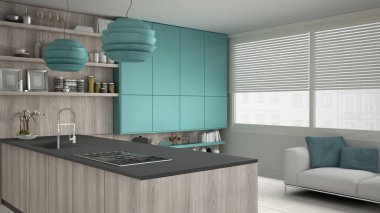 Ahşap ve turkuaz ayrıntıları ile minimalist gri mutfak min