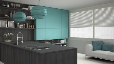 Ahşap ve turkuaz ayrıntıları ile minimalist gri mutfak min