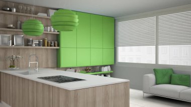 Ağaç ve yeşil Ayrıntılar, minimum ile minimalist beyaz mutfak