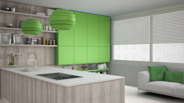 Ağaç ve yeşil Ayrıntılar, minimum ile minimalist beyaz mutfak