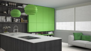 Ağaç ve yeşil Ayrıntılar, minimum ile minimalist beyaz mutfak