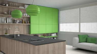 Ağaç ve yeşil Ayrıntılar, en az ile minimalist gri mutfak