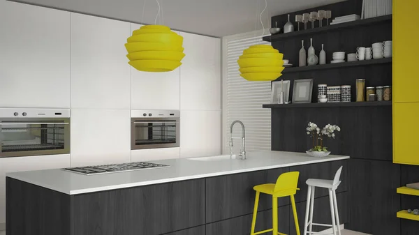 Minimalista cocina blanca con detalles de madera y amarillo, minim — Foto de Stock