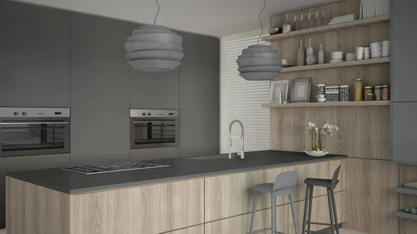 Minimalistisch grijze keuken met houten en grijze details, minimale — Stockfoto