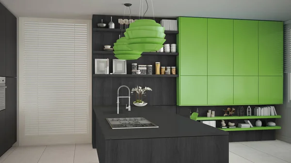 Minimalistisk grått kök med trä och gröna detaljer, minimal — Stockfoto