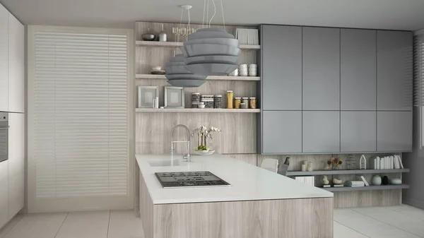 Cucina minimalista bianca con dettagli in legno e grigio, minimale — Foto Stock