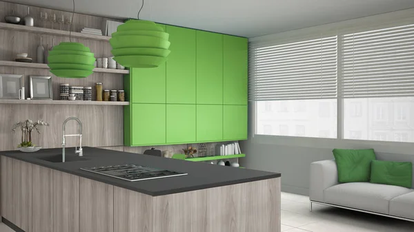 Minimalistisk grått kök med trä och gröna detaljer, minimal — Stockfoto