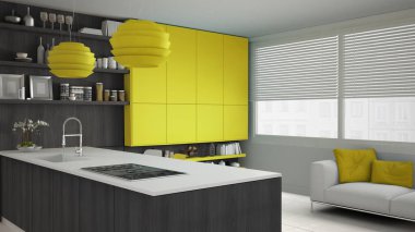 Ayrıntılarla, ahşap ve sarı beyaz minimalist mutfak ikilik