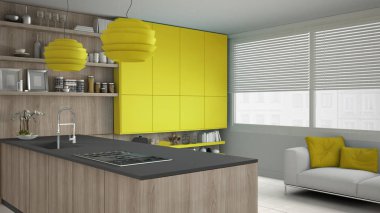 Ahşap ve sarı ayrıntılarla, minima minimalist gri mutfak