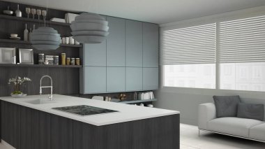 Ahşap ve gri ayrıntıları, en az ile minimalist beyaz mutfak