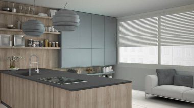 Ahşap ve gri ayrıntıları, en az ile minimalist gri mutfak 