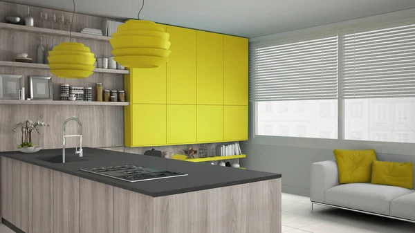 Cocina minimalista gris con detalles de madera y amarillo, mínimos — Foto de Stock