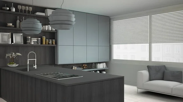 Minimalistický šedý kuchyně s dřevěnými a šedé detaily, minimální — Stock fotografie