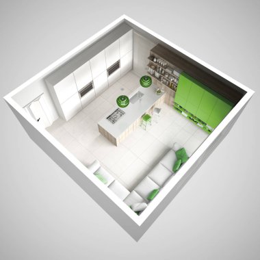 Minimalist beyaz mutfak, ahşap ve yeşil ayrıntılarını, ikilik