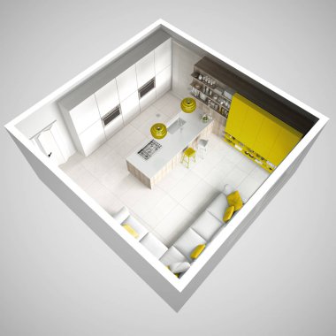 Ayrıntılarla, ahşap ve sarı beyaz minimalist mutfak mini