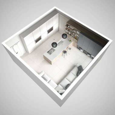 Minimalist beyaz mutfak, ahşap ve gri ayrıntılarla, minimum