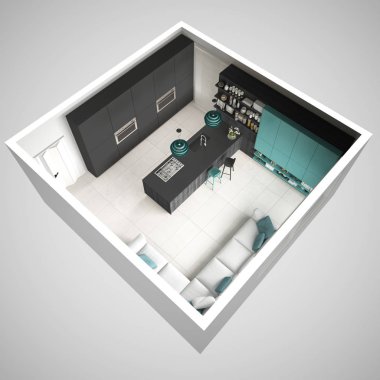 Minimalist gri mutfak, ahşap ve turkuaz detayları, mi