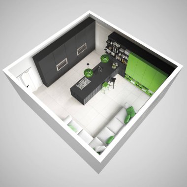 Ağaç ve yeşil ayrıntılarla, minima minimalist gri mutfak