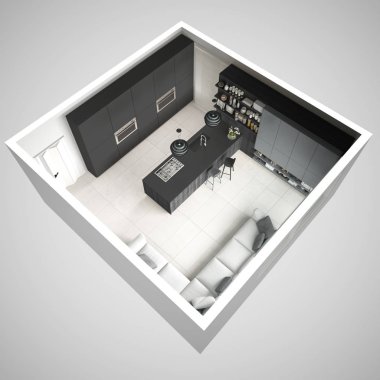 Minimalist gri mutfak, ahşap ve gri ayrıntıları, en az