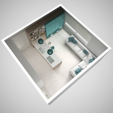 Minimalist beyaz mutfak, ahşap ve turkuaz ayrıntıları ile m